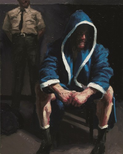 Alistair Little - Pulling the Strings. oil on panel 10 x 8 ins